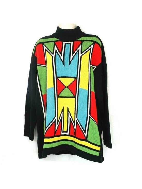 Sweaters - Vintage Mock Neck Sweater Men Women Size XL 1X 2X Colorful Southwestern Tribal